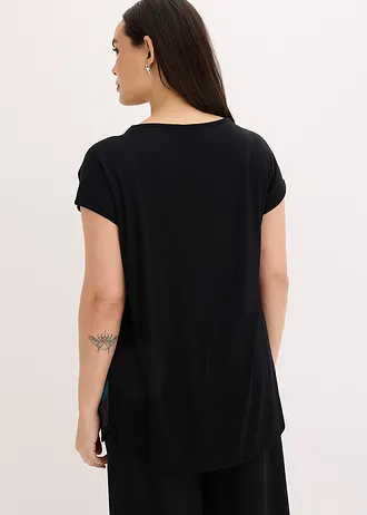 Shirt in een zachte viscosemix met print, Kleur: zwart-petrol gebloemd