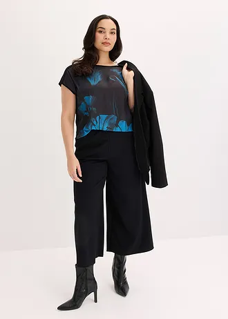 Shirt in een zachte viscosemix met print, Kleur: zwart-petrol gebloemd