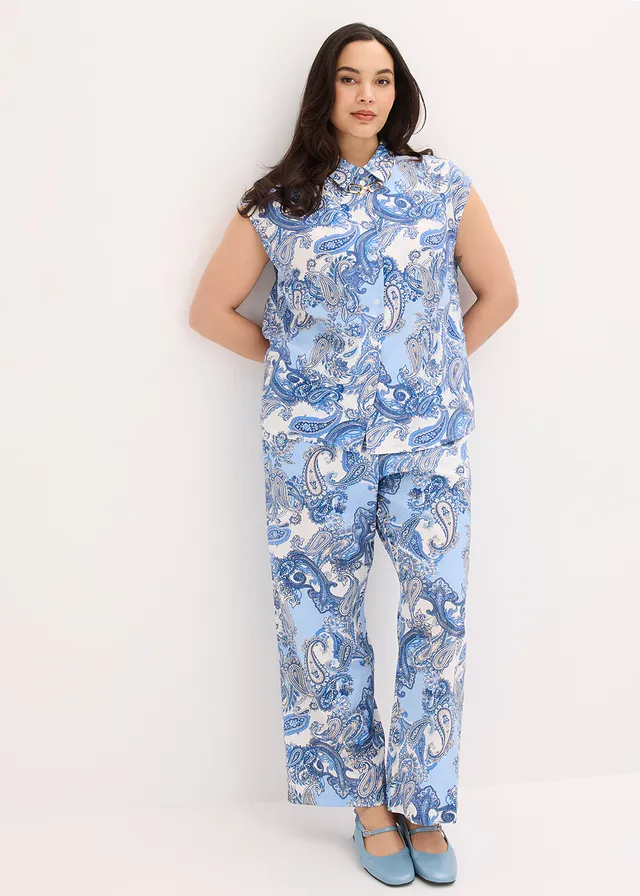 Gedessineerde blouse van soepele viscose, Kleur: wit/lichtblauw paisley