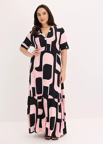 Rochie maxi din amestec moale cu viscoză, culoare: negru/pink cu imprimeu grafic