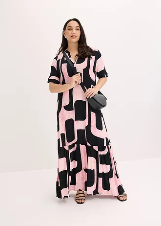 Rochie maxi din amestec moale cu viscoză, culoare: negru/pink cu imprimeu grafic