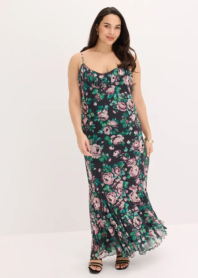 Robe à bretelles en mesh doux, Couleur: noir à fleurs