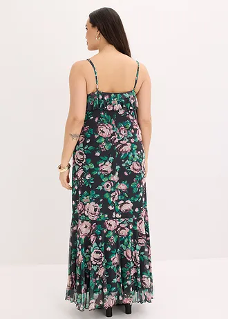 Šaty na ramínka, z měkké síťoviny, barva: černá s květy