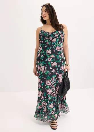 Robe à bretelles en mesh doux, Couleur: noir à fleurs