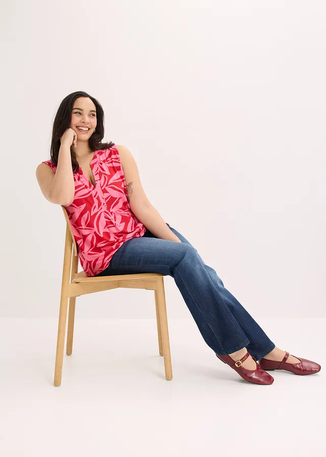 Top en jersey viscose doux, Couleur: rouge-rose vif floral