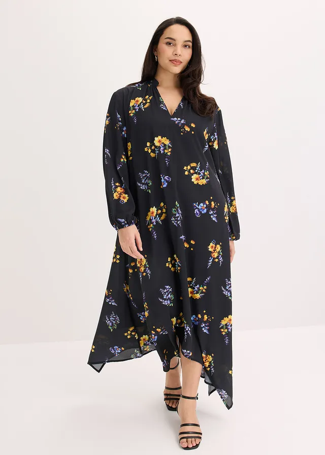 Chiffon jurk, Kleur: zwart gebloemd