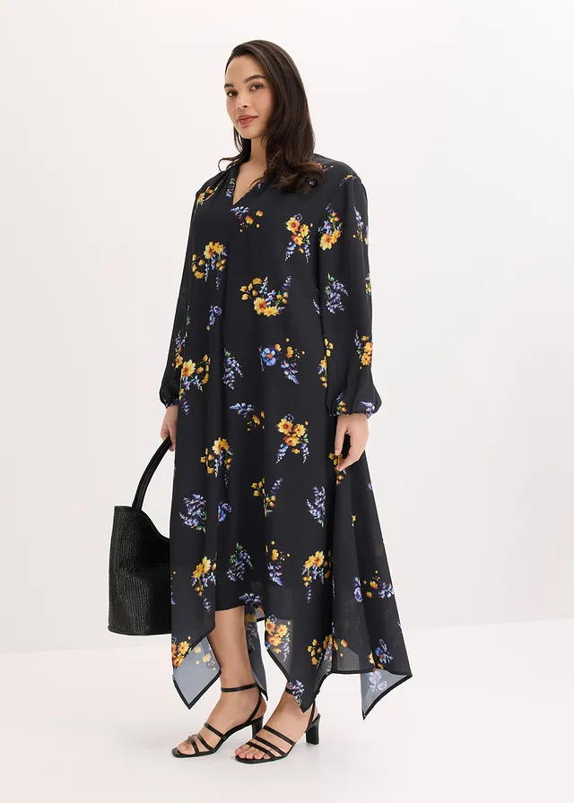 Chiffon jurk, Kleur: zwart gebloemd