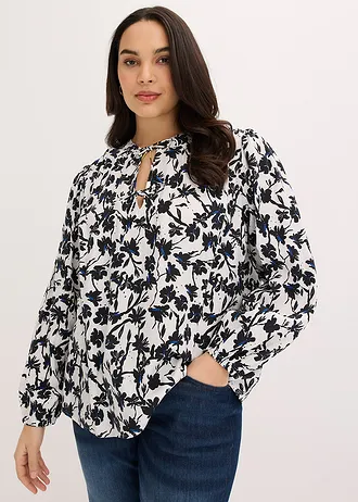 Blouse van gestructureerde crinkle, Kleur: wolwit-zwart gebloemd
