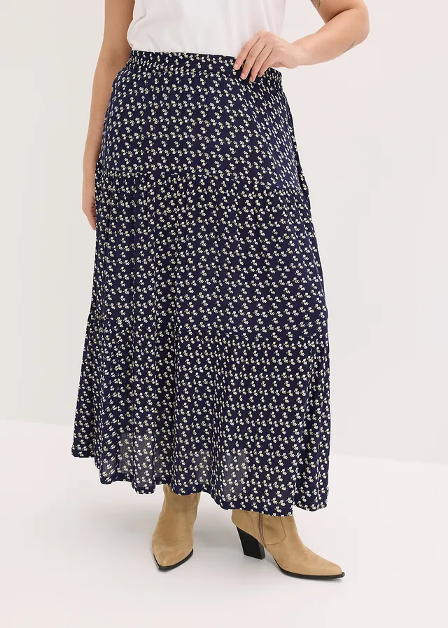 Maxi strokenrok van gestructureerde viscose, Kleur: donkerblauw gebloemd