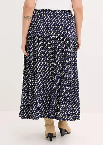 Jupe longue étagée en viscose texturée, Couleur: bleu foncé floral