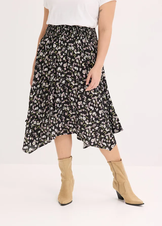 Midi rok van pure viscose, Kleur: zwart-wit met print