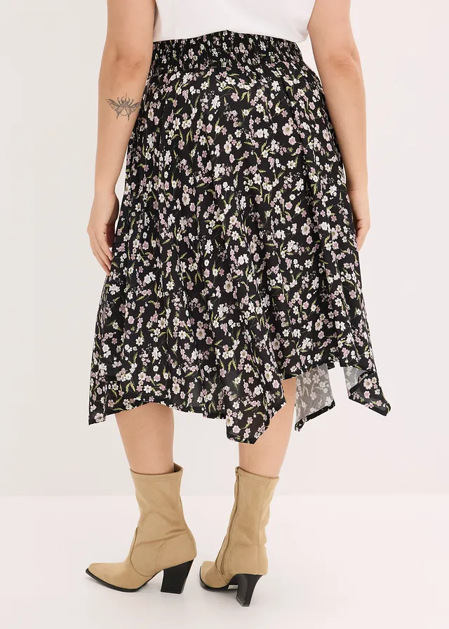 Midi rok van pure viscose, Kleur: zwart-wit met print