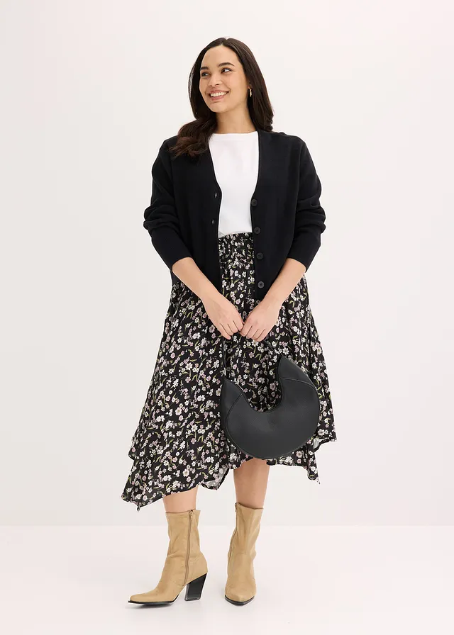 Midi rok van pure viscose, Kleur: zwart-wit met print