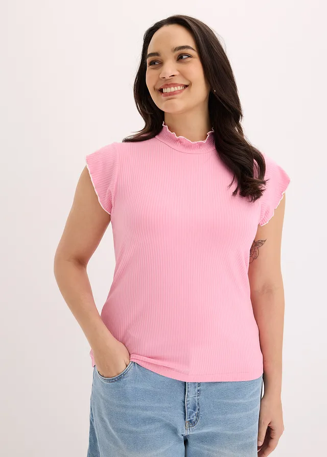 T-shirt côtelé en viscose extensible, Couleur: rose/écru