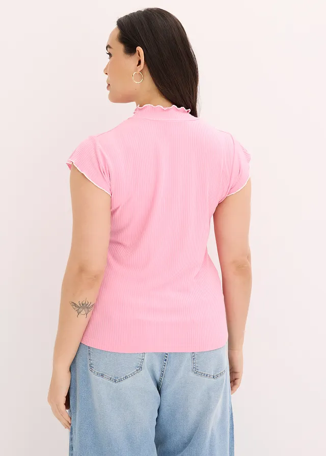 T-shirt côtelé en viscose extensible, Couleur: rose/écru