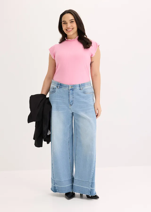 T-shirt côtelé en viscose extensible, Couleur: rose/écru