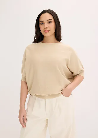 Pulover din tricot fin cu bumbac, culoare: bej nisipiu mat