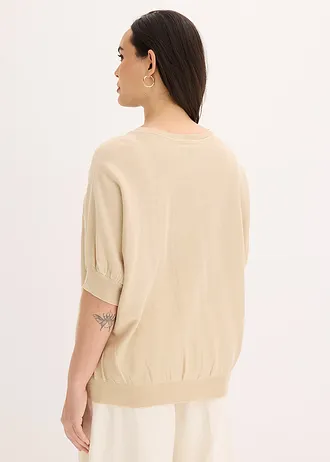 Fijn gebreide trui in een katoenmix, Kleur: lichtsand