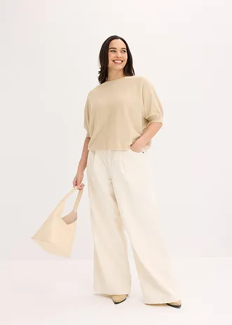 Pulover din tricot fin cu bumbac, culoare: bej nisipiu mat