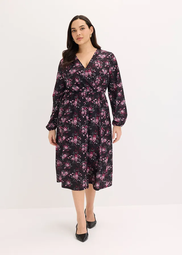 Jersey jurk met ballonmouwen, Kleur: zwart gebloemd