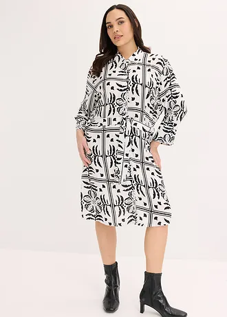 Overhemdjurk van soepele viscose, Kleur: zwart-wolwit met print