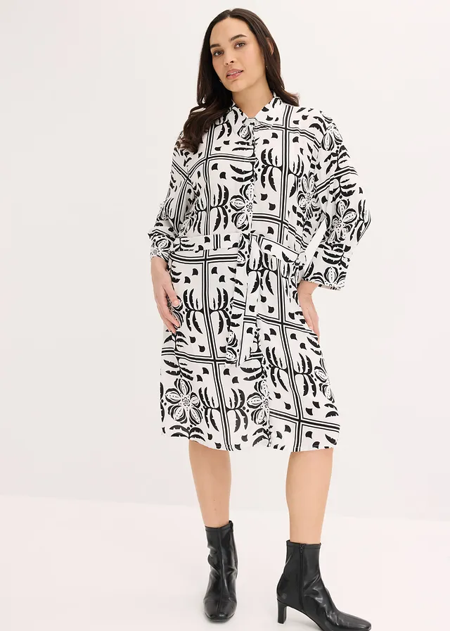Overhemdjurk van soepele viscose, Kleur: zwart-wolwit met print