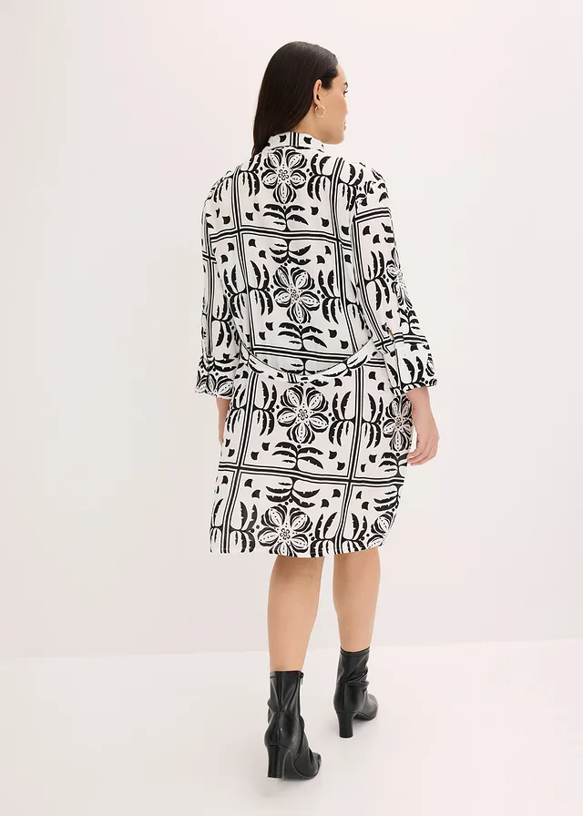 Overhemdjurk van soepele viscose, Kleur: zwart-wolwit met print