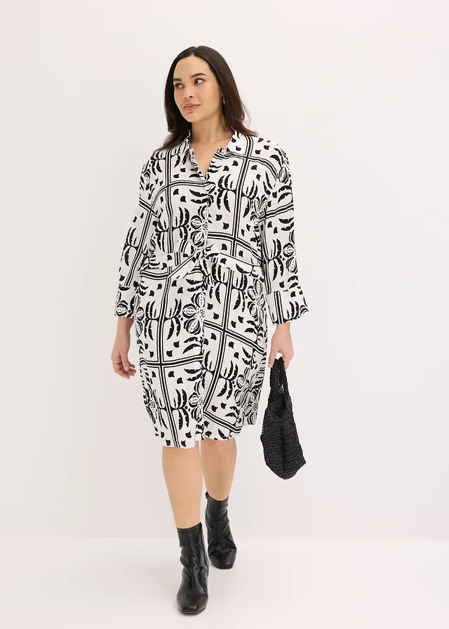 Overhemdjurk van soepele viscose, Kleur: zwart-wolwit met print