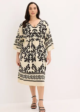 Robe midi fluide en viscose majoritaire, Couleur: crème/noir imprimé
