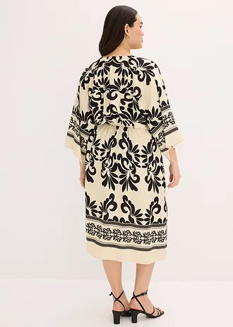 Robe midi fluide en viscose majoritaire, Couleur: crème/noir imprimé