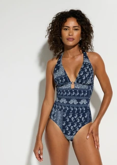 Badpak met een speciale rugconstructie • donkerblauw/wit met print • bonprix online shop
