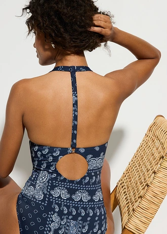 Costum de baie cu model inedit la spate • bleumarin- alb, cu imprimeu • magazin bonprix