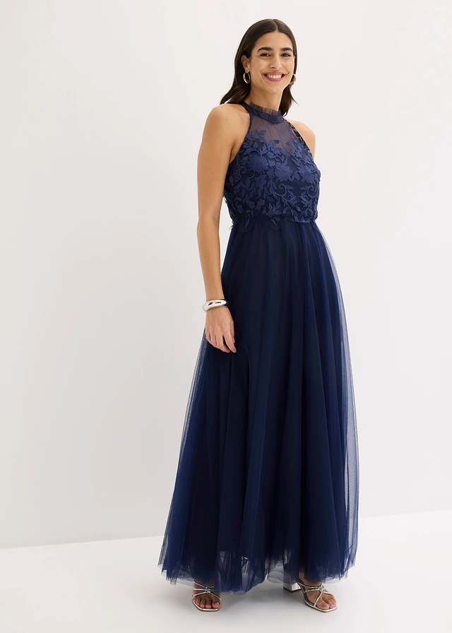 Robe de soirée en tulle délicat avec dentelle, Couleur: bleu foncé