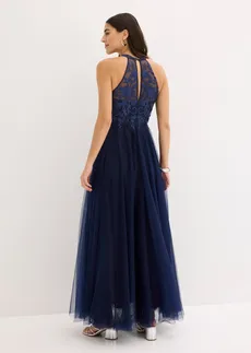 Robe de soirée en tulle délicat avec dentelle, Couleur: bleu foncé