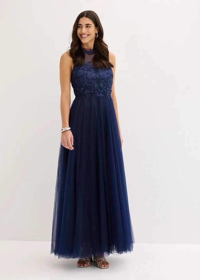 Robe de soirée en tulle délicat avec dentelle, Couleur: bleu foncé