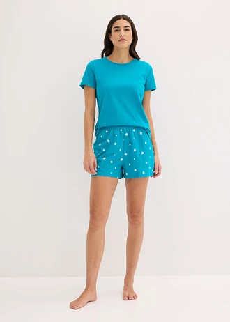 Pijama cu pantaloni scurți din bumbac 100% (set/2 buc.), culoare: albastru lagună-gri-antracit melanj cu imprimeu