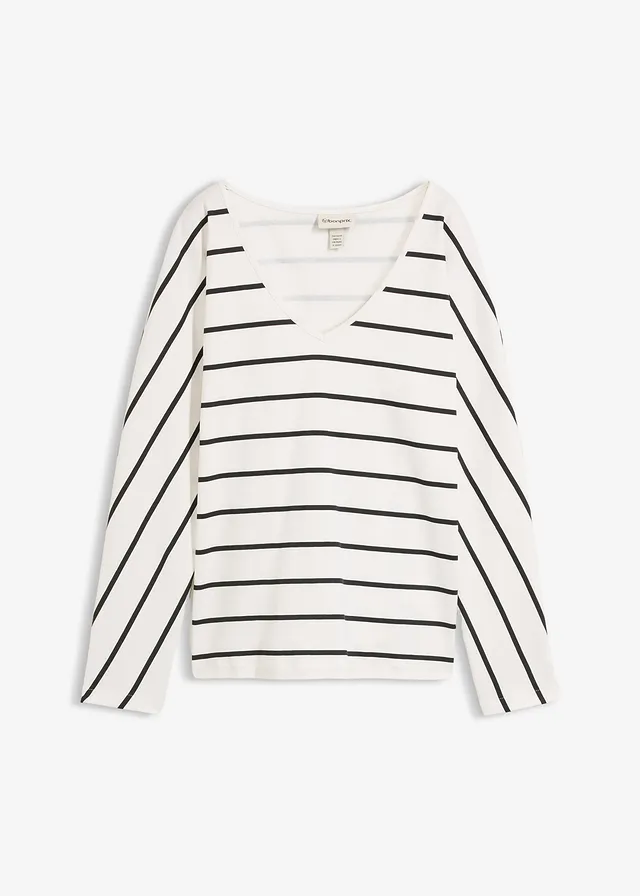 Hosszú ujjú póló tiszta bio-pamutból • gyapjúfehér/fekete csíkos • bonprix áruház