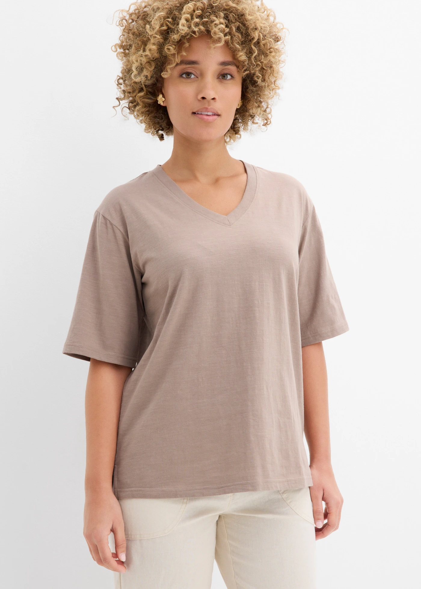 Lot de 2 T-shirts amples en fil flammé 100% coton • taupe-blanc • Boutique bonprix