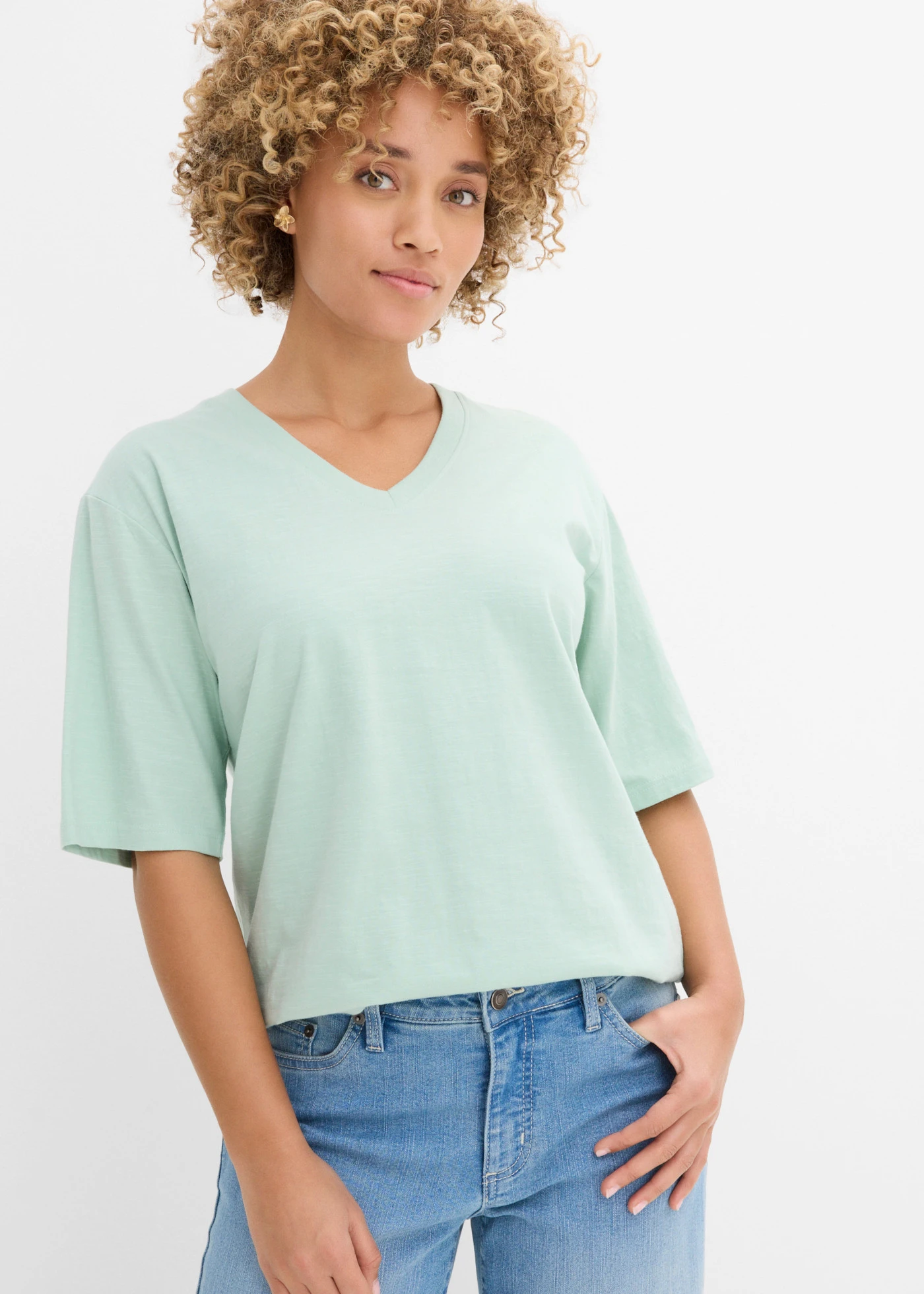 Lot de 2 T-shirts amples en fil flammé 100% coton • noir-menthe cristal • Boutique bonprix