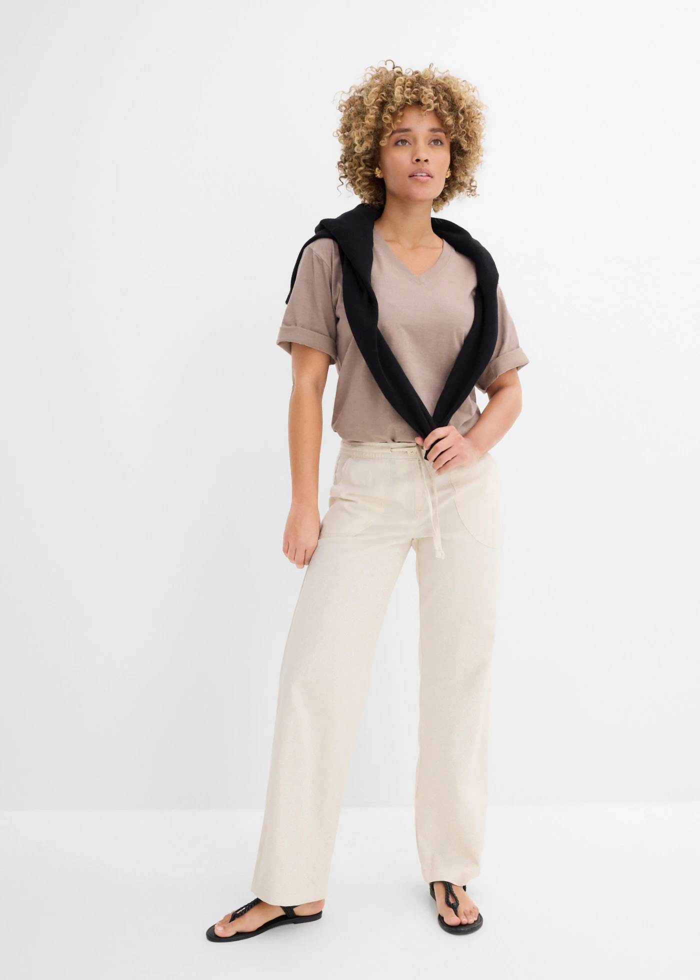 Katoenen boxy shirt van slub garen (set van 2) • taupe-wit • bonprix online shop