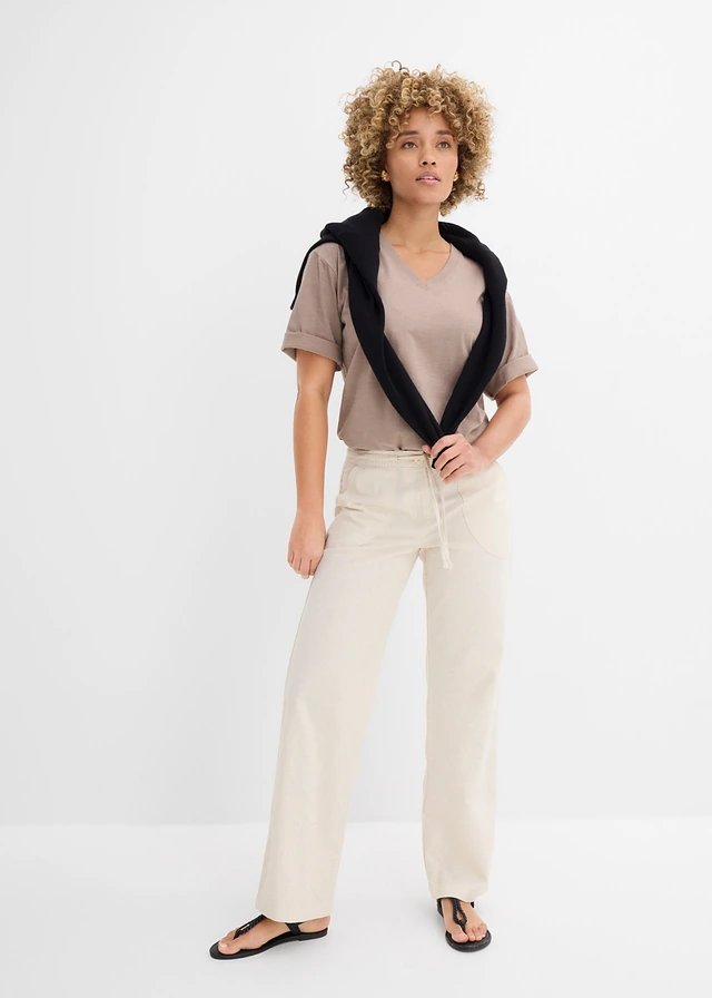 Lot de 2 T-shirts amples en fil flammé 100% coton, Couleur: taupe-blanc