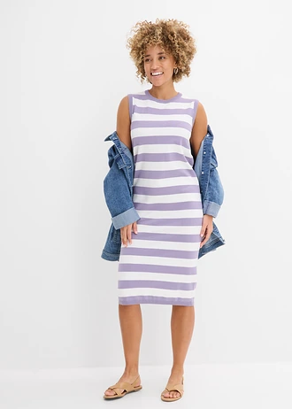 Gebreide jurk, Kleur: rookviolet-wolwit gestreept