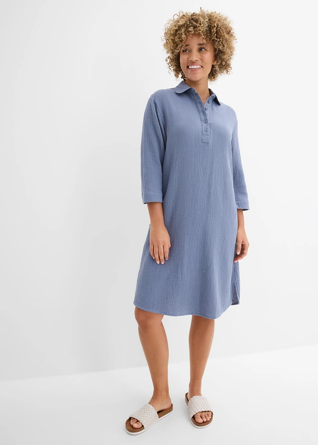 Robe-chemise en gaze de coton, Couleur: bleu fumé