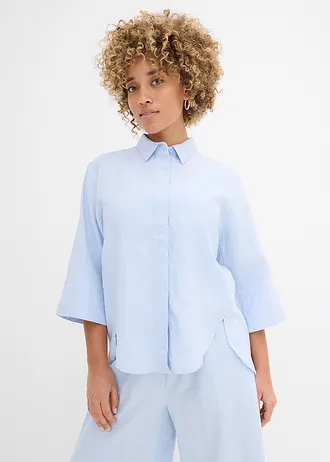 Overhemdblouse in een koele linnenmix, Kleur: poederblauw