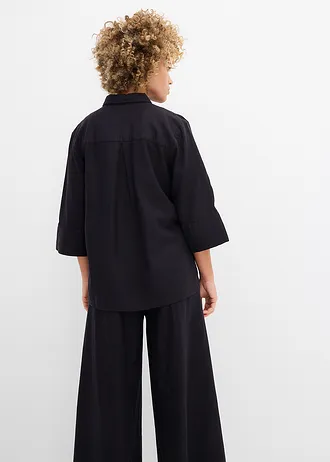 Overhemdblouse in een koele linnenmix, Kleur: zwart