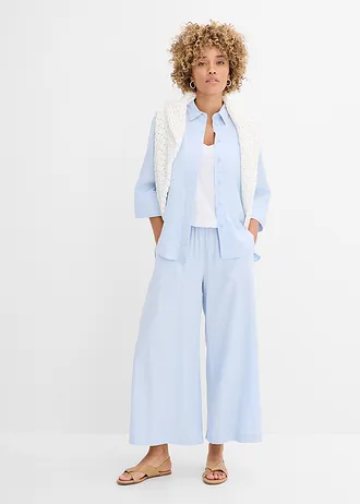 Overhemdblouse in een koele linnenmix, Kleur: poederblauw