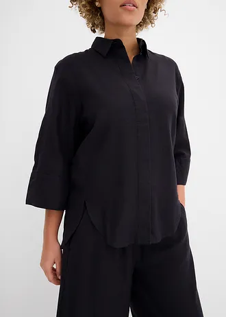 Overhemdblouse in een koele linnenmix • zwart • bonprix online shop