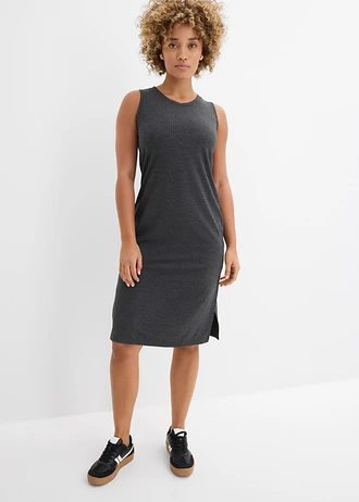 Geribde jurk met zijsplitten van een vloeiende viscosemix • antraciet gemêleerd • bonprix online shop