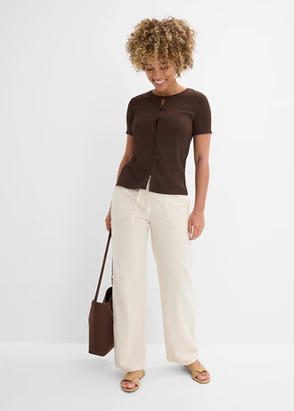 T-shirt texturé et boutonné, Couleur: marron foncé