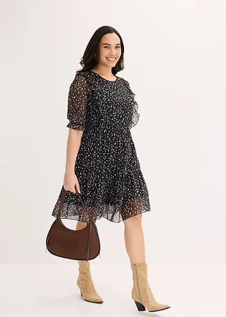 Žerzejové šaty z jemné síťoviny, barva: černá s květy